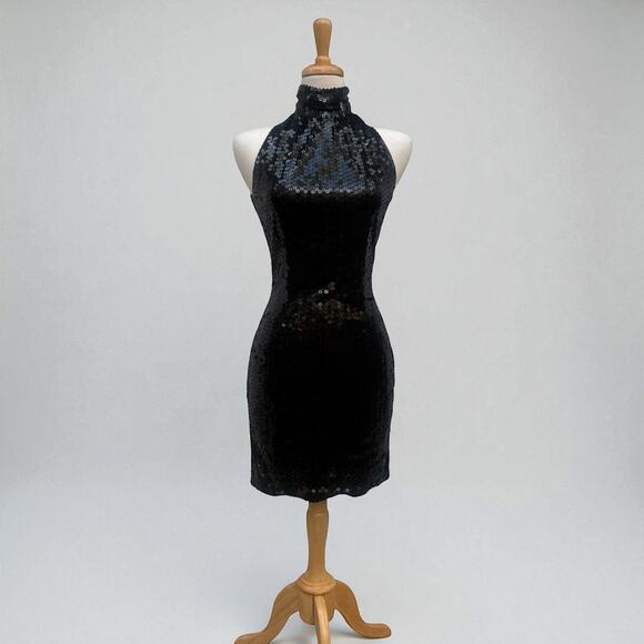 VTG Cache Little Black Dress Sz 4 Sequins Mini Bodycon Halter 90s Y2K Clubwear - Picture 1 of 12
